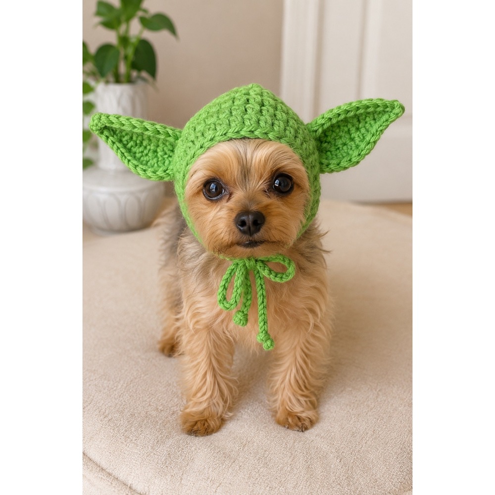 Handmade Crochet Yoda Pet Hat Green Dog Cat Costume Star Wars Inspired